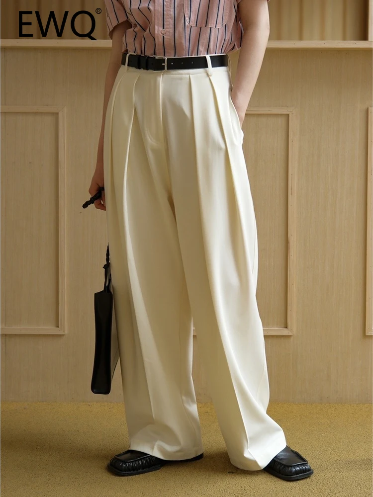 

EWQ Simplicity Pleated Wide Leg Pants For Women High Waist Solid Straight Office Lady Female Trousers 2023 Autumn New 26D2935