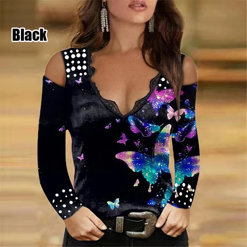 

Autumn 2023 New Lace Decoration V-Neck Print Off Shoulder Long Sleeve Pullover T-shirt Women's Top Female & Lady Casual Shirt