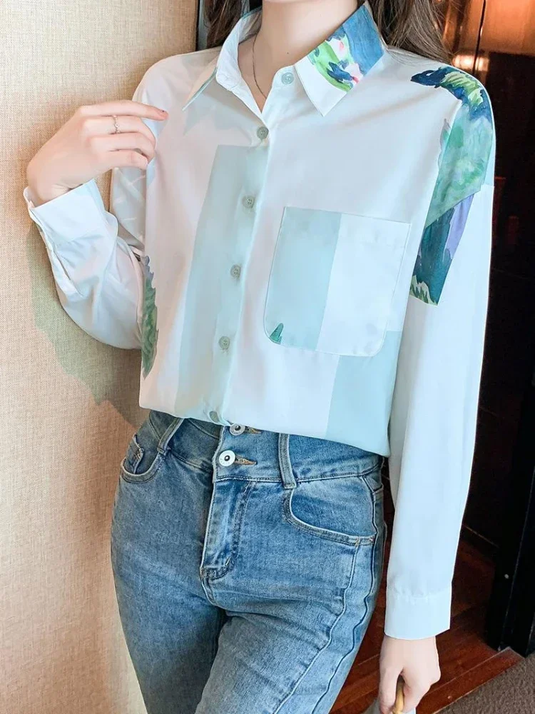 Женская шифоновая блузка с длинным рукавом Свободный Топ отложным воротником и