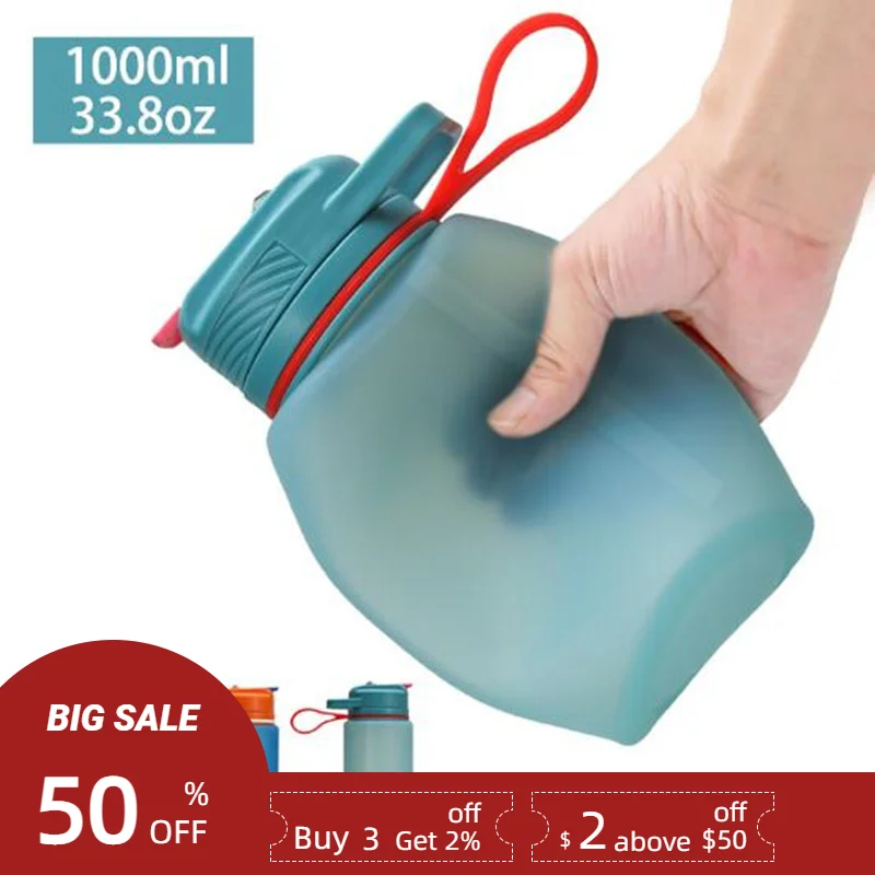 

1L Collapsible Foldable Silicone Sport Water Bottle With Straw Portable Drinkware For Travel Camping Outdoor Leakproof Bpa Free