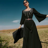 wepbel full diamond satin dress with belt abaya muslim robe women islamic clothing middle east arabic dress robe turkey caftan