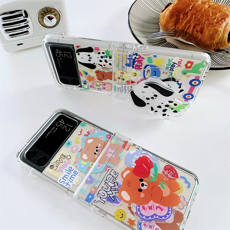 Cartoon Graffiti Bear Spotted Dog Phone Case for Samsung Galaxy Z Flip 4 3 Hard Cover for ZFlip3 Zflip4 Solid Shell Bracket