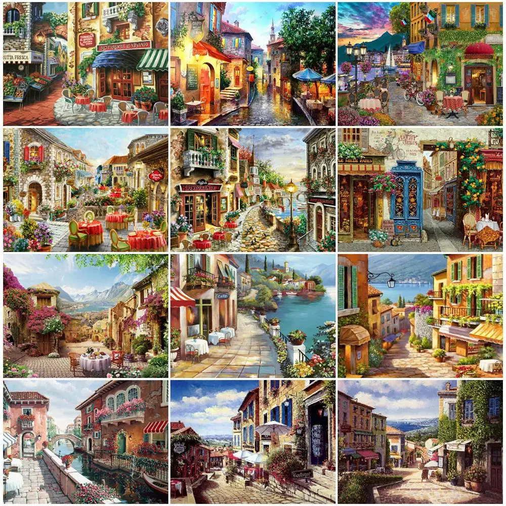 

5D Round Diamond Embroidery Street Picture Diamond Painting Full Square Seaside Landscape Rhinestone Mosaic Handmade Hobby