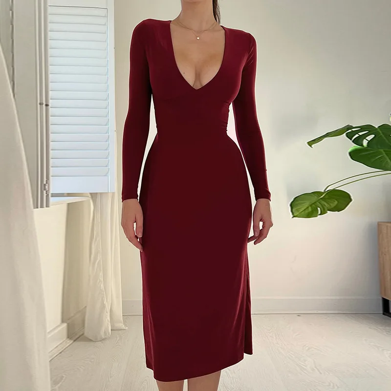 

FANTIGO Sexy Slim Women Clothing Long-sleeved V-neck Long Dress Fashion Basic Dress Elegant Ladies Dress Autumn Female Costume