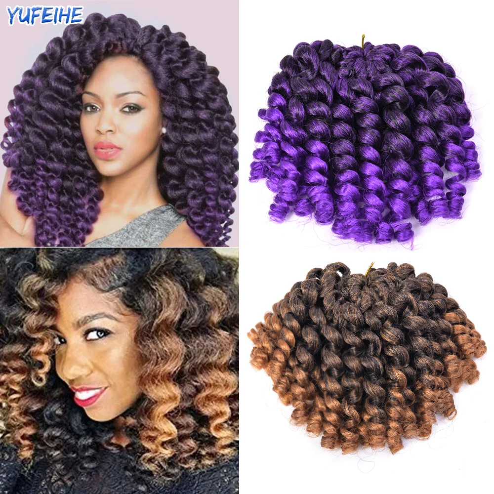 Crochet Hair Short Curly Synthetic Hair Jamaican Bounce Wand Curl Hook Braiding Hair Extensions 8 Inch 20Roots Ombre Pink Purple