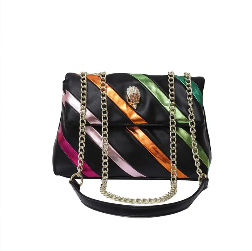 

Women's Colorful Stripe 26cm Bags Fashion Causal Chains Handbag Leather Shoulder Shopping Bag Female Eagle Head Purses