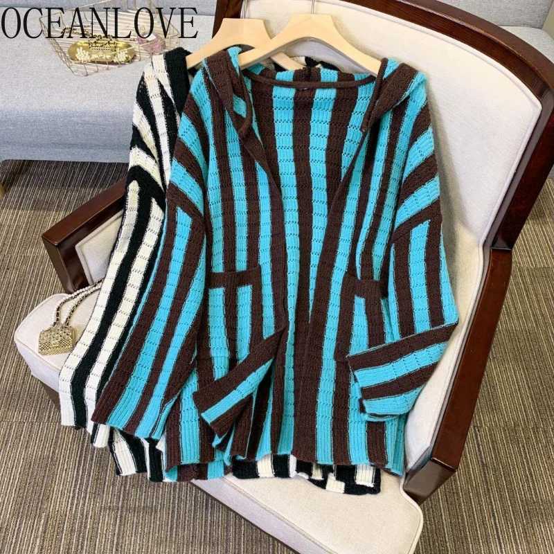 

V Neck Women Cardigans Striped Contrast Color Hooded Autumn Winter Sweaters Vintage Loose Chaqueta Mujer Tops