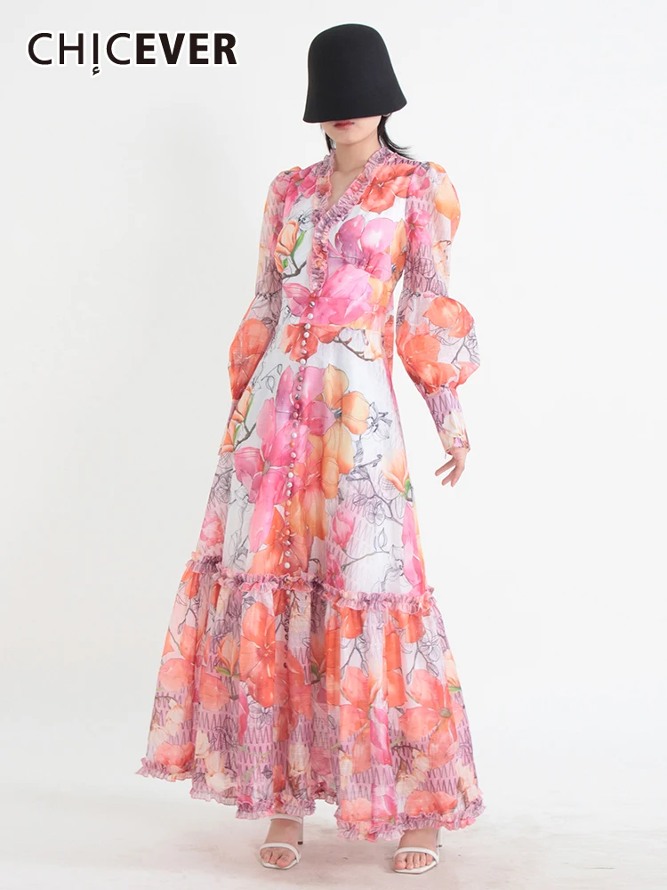

CHICEVER Printing Casual Long Dresses For Women V Neck Lantern Sleeve High Waist Patchwork Edible Tree Fungus Maxi Dress Female