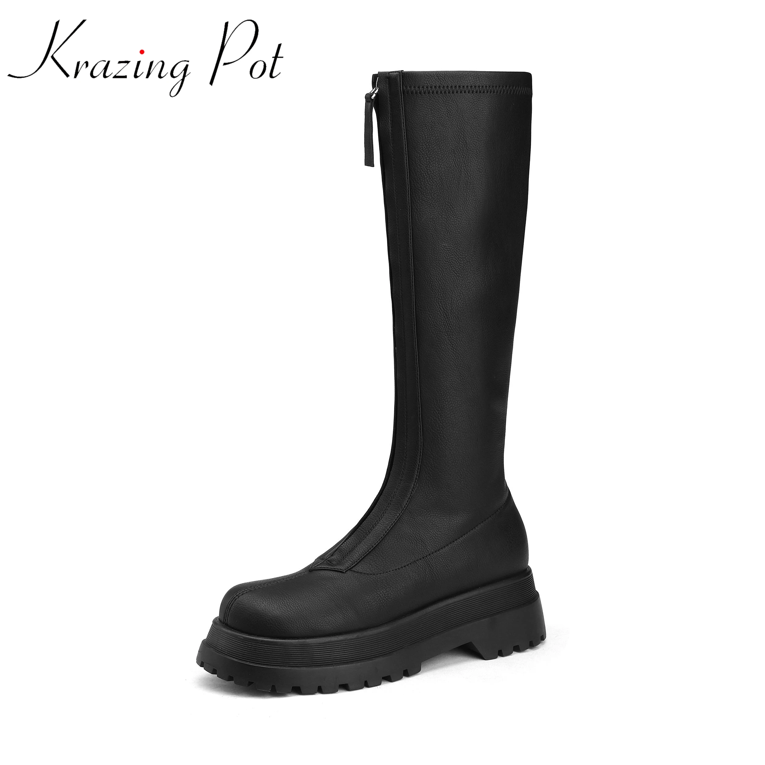 

Krazing Pot Microfiber Round Toe Thick High Heels Platform Equestrian Long Boots Causal Front Zipper Stovepipe Thigh High Boots