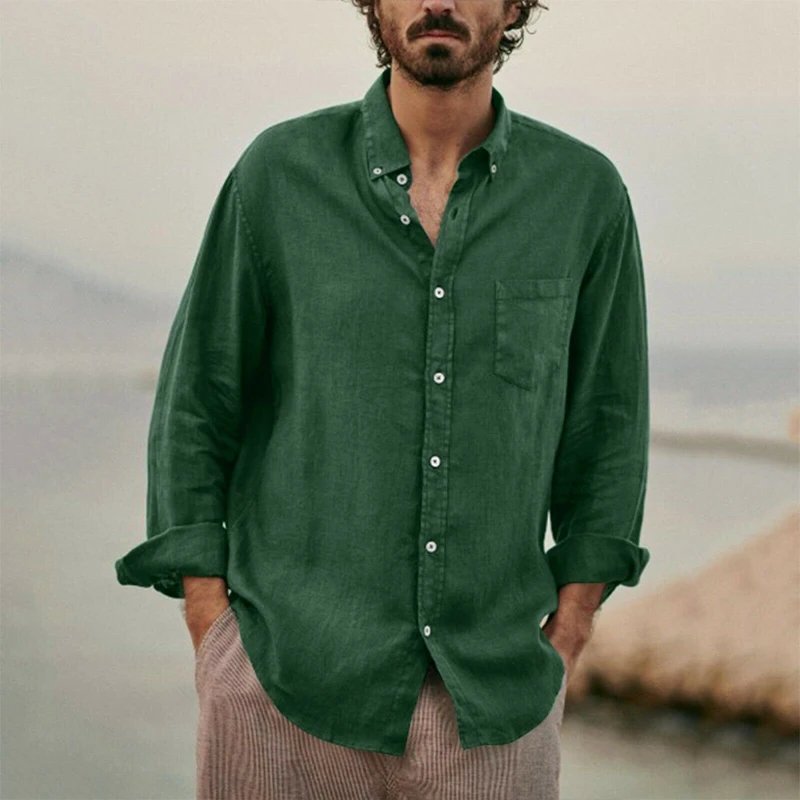 Summer Men's Baggy Solid Cotton Linen Shirt Long Sleeve Button Plus Size Tops M-3XL Hawaiian Beach Style Shirt Streetwear