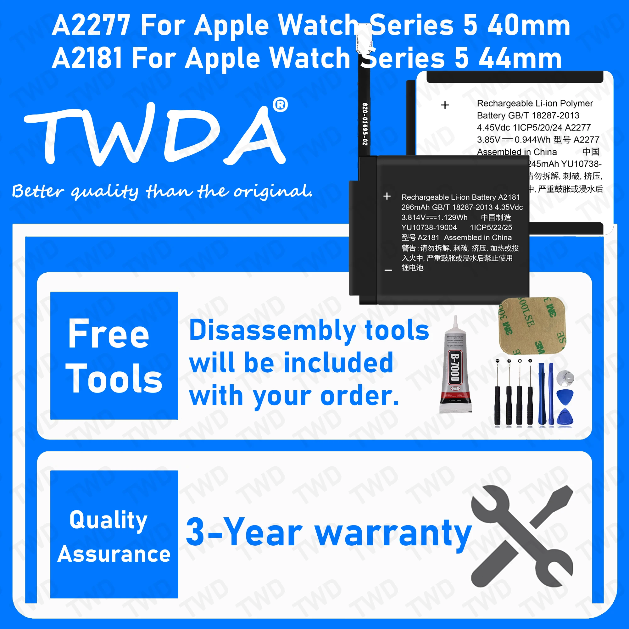Фото A2277 A2181 Аккумулятор большой емкости для APPLE Series 5, 40 мм, 44 мм/iWatch 5, 40 мм, 44 мм, аккумуляторы для умных часов + бесплатные инструменты №1