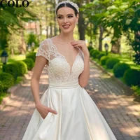 wedding dresses 2022 womens dresses v neck cap sleeve bridal dress with pocket backless lace princess wedding evening gowns