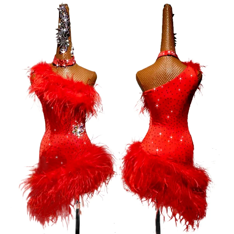 Женское платье с красными перьями для латиноамериканских танцев |