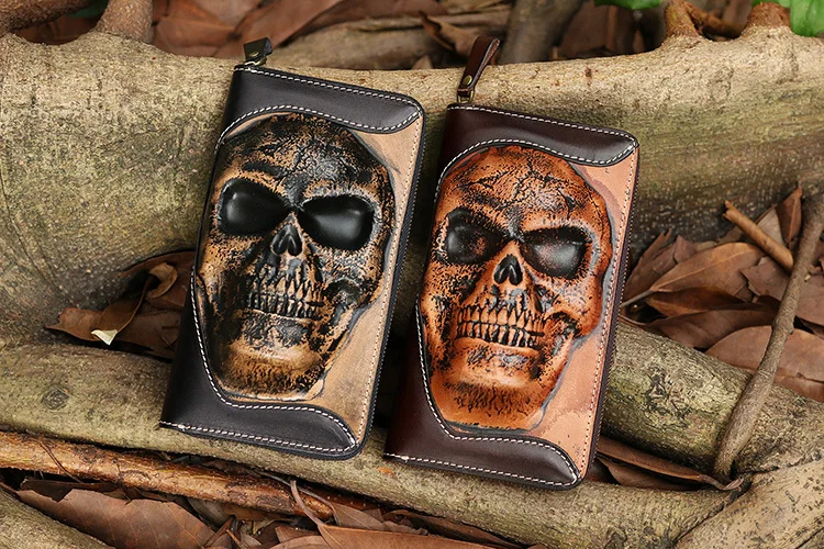 Shipping,new punk type Free tanning cowhide skeleton skull wallet,men's zipper purse,multi-functional handbag.business cool gift