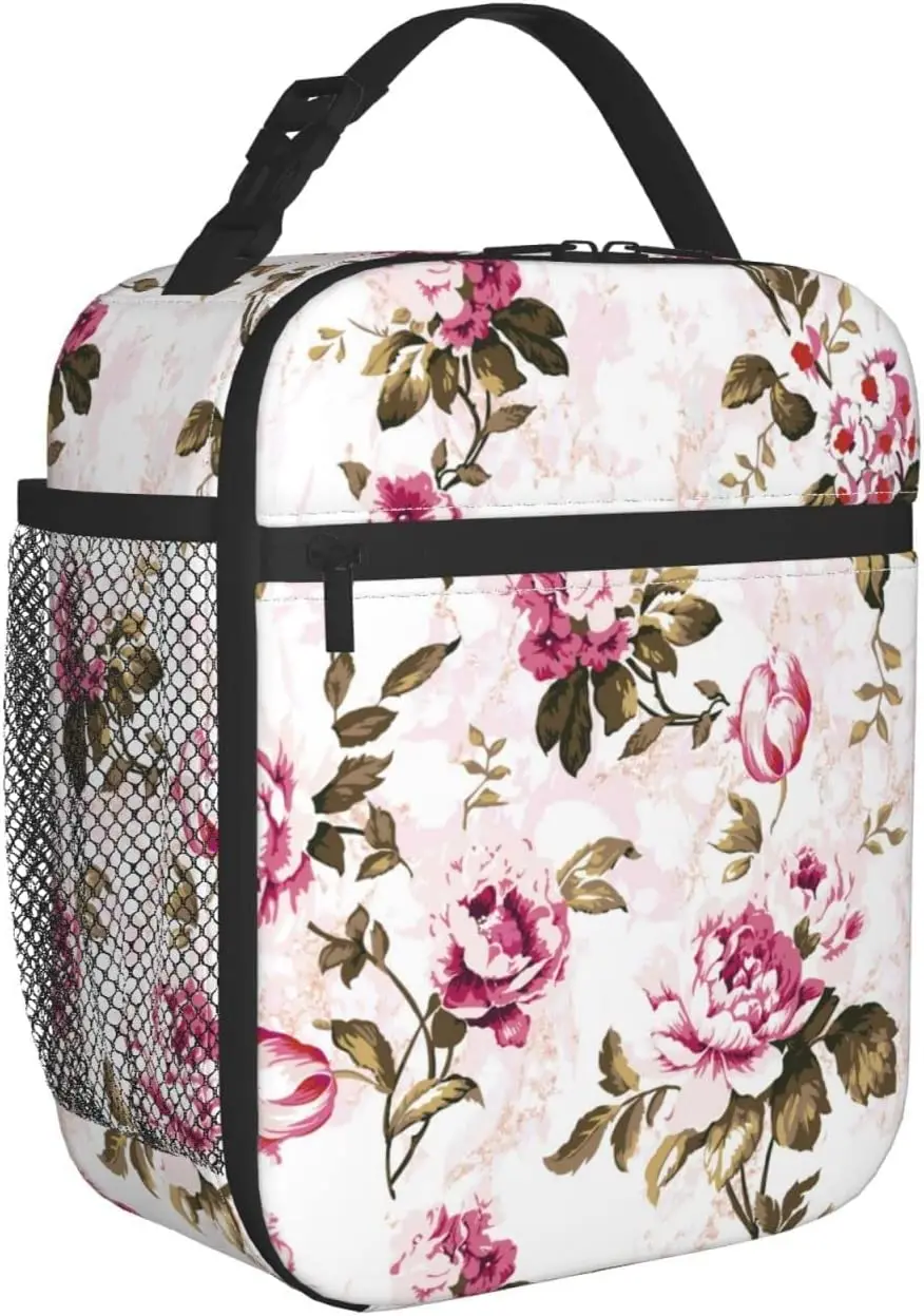 

Rose Flower Marble Lunch Bag Reusable Insulated Lunch Box Thermal Cooler Totes Bag for Men Women Boys Girls Beach Picnic Work