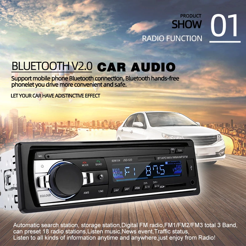 Car Radio 1DIN USB MP3 Player SD Card Bluetooth FM Receiver 520 12V WMA/WAV Cheap 4*60W EQ with Steering Wheel Remote Control |