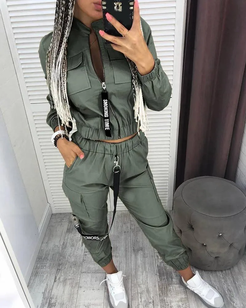 

Pockets Zipper Design Ruched Coat & Cargo Pants Set Women Matching Sets Two Piece Set Top Shorts Suit Beach Wear Vacation