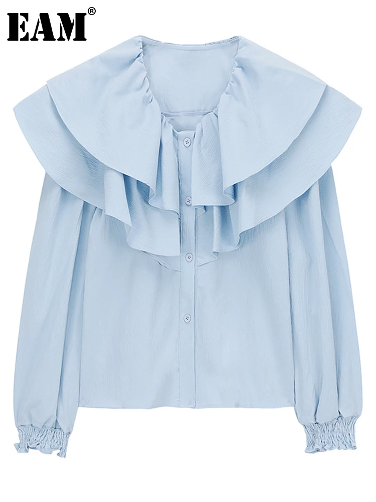 

[EAM] Women Blue Ruffles Vintage Blouse New Peter Pan Collar Long Sleeve Loose Fit Shirt Fashion Tide Spring Autumn 2022 1DE6894
