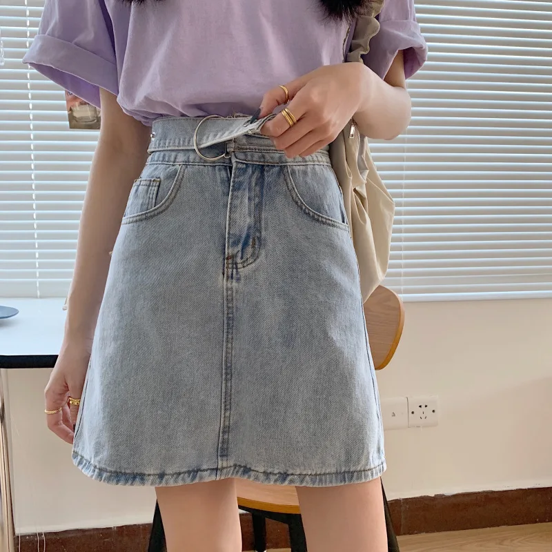 

Plus Size Denim Skirt Preppy Style Skirt Women Summer Korean Style Plump Girls High Waist Sheath A- line Skirt Slimming Dress