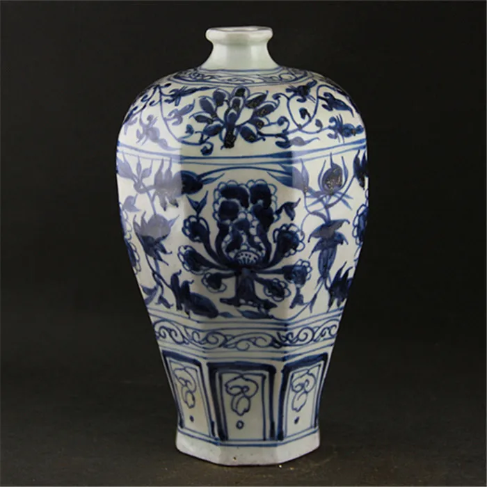 

Antique Yuan Dynasty porcelain Blue and white rich and noble peony pattern octagonal vase,Free shipping