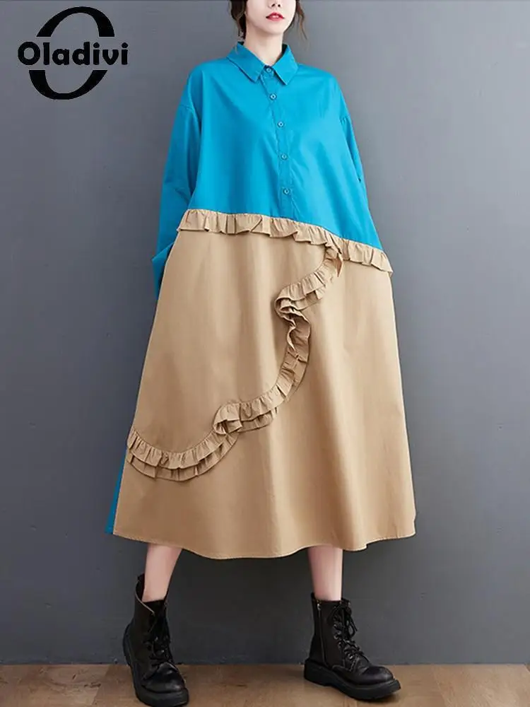 

Oladivi модное женское платье большого размера с длинным рукавом в стиле пэчворк с оборками Новинка весна-осень 2022 повседневные свободные плат...