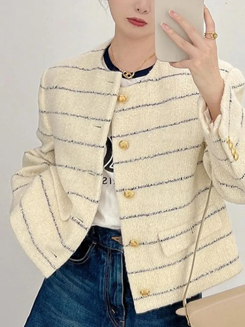 Women's Striped Short Tweed Jacket With Button Decor 2022 New Ladies Commuter Long Sleeve Single Breasted Cardigan for Autumn
