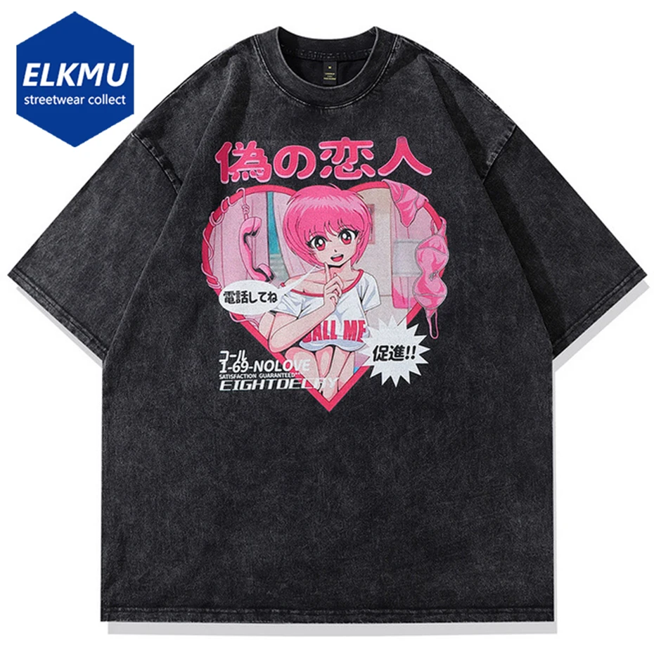 

Винтажная уличная футболка в стиле хип-хоп, футболка с принтом японской Девушки и постером, Промытые футболки, мужская повседневная футболк...