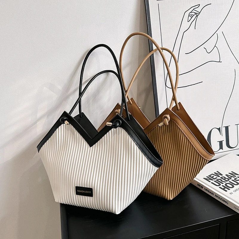 

Large Capacity Striped Pu Leather Tote Design Simple Women's Shoulder Bag OL Commuter Handbag Daily Shopping Handbag and Purses