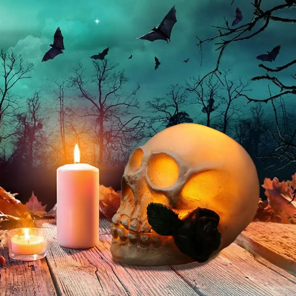 

Halloween Skull Night Light with Rose Resin Craft Realistic Spooky Ghost Festival LED Atmosphere Lamp Home Party Decoration Gift