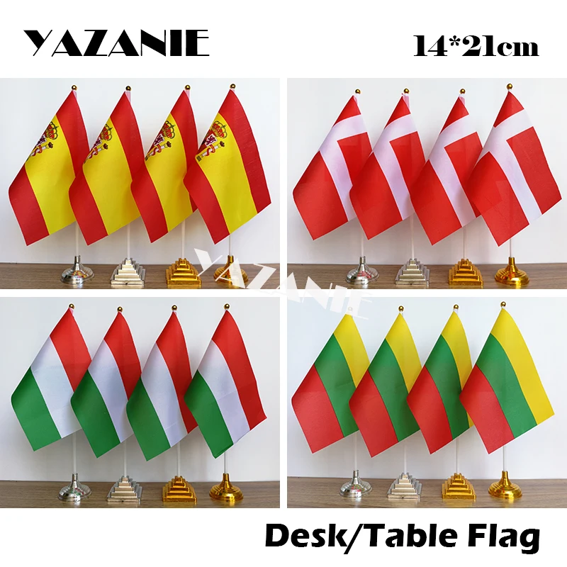YAZANIE 14*21cm 4PCS Spain Spanish Denmark Danish Desk Flag and Banners Hungary Lithuania National Table with Base Stand - купить по