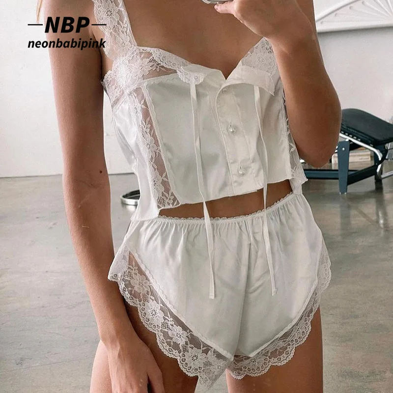

Сексуальные винтажные кружевные атласные комплекты NEONBABIPINK из двух предметов, шорты, женское белье, одежда для сна, пижама, женская одежда