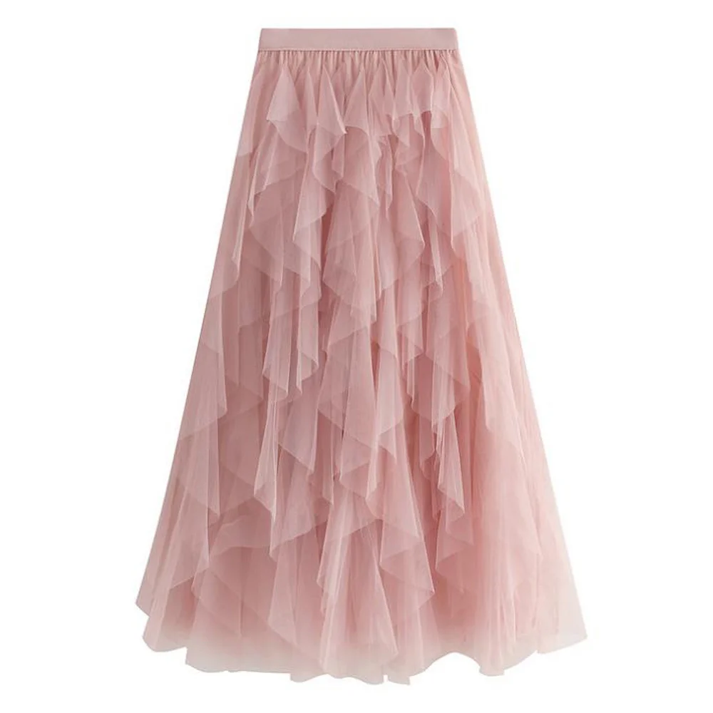 

Tutu Tulle Skirt Fashion Women High Waist Skirt Maxi Pleated Mesh Irregular Ruffle Black Grey Pink Long Skirts For Women