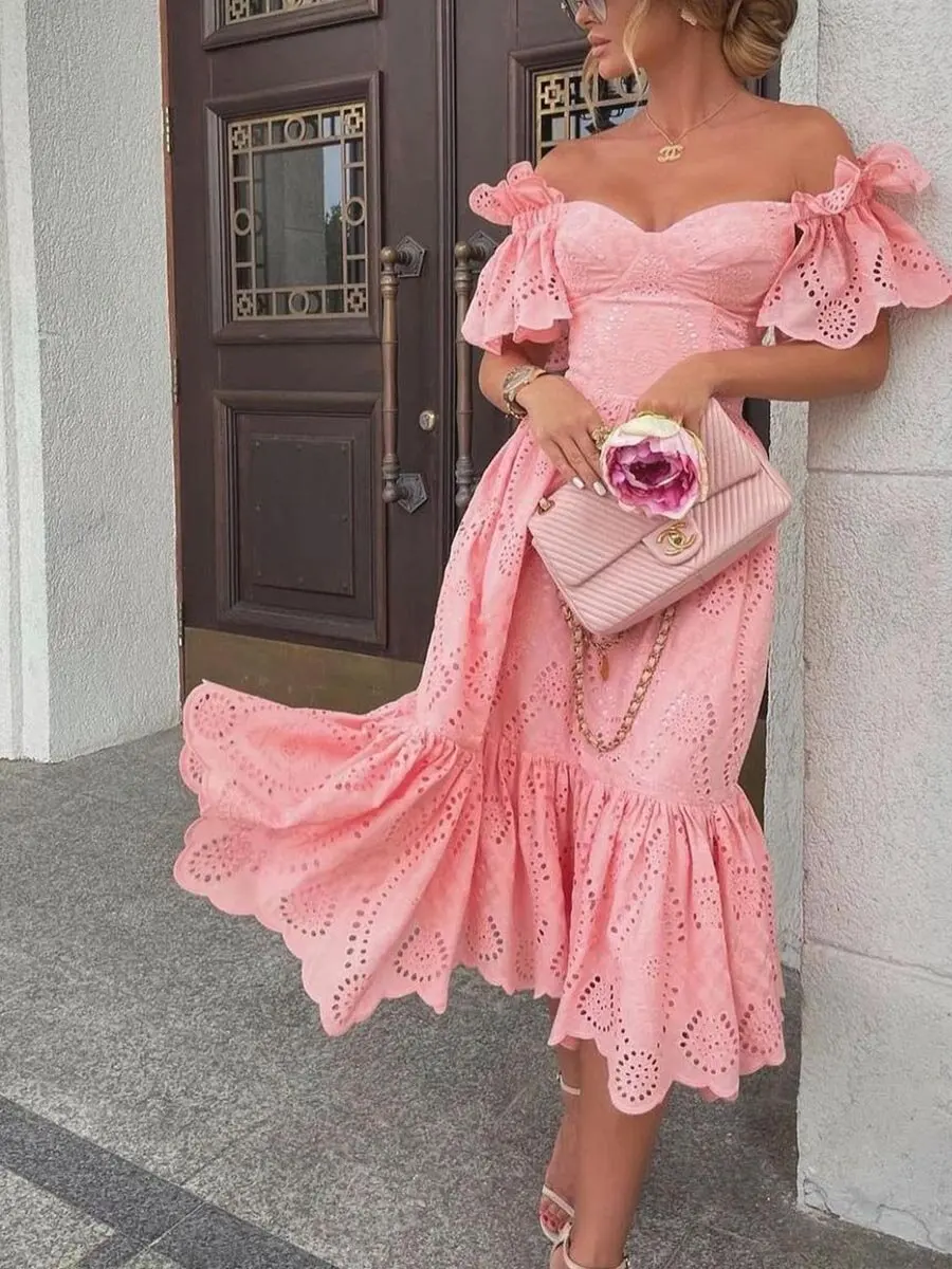 

Vacation Prom Dresses for Women Sexy One-shoulder Polka Dot Short Trumpet Sleeve Mermaid Skirt Solid Women's Maxi Dress Vestidos