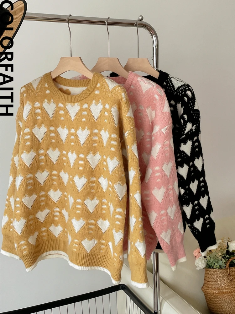 

Colorfaith Новинка 2022, шикарные корейские Модные Винтажные вязаные свитера с сердечками, женские осенне-зимние свободные элегантные топы SW3881JX