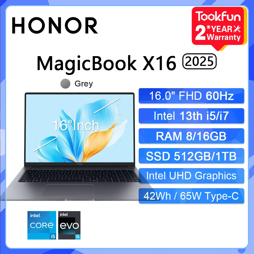 Ноутбук HONOR MagicBook X16 2025, 16", 8/512ГБ, 16/512ГБ, 16ГБ/1ТБ, i5 ...