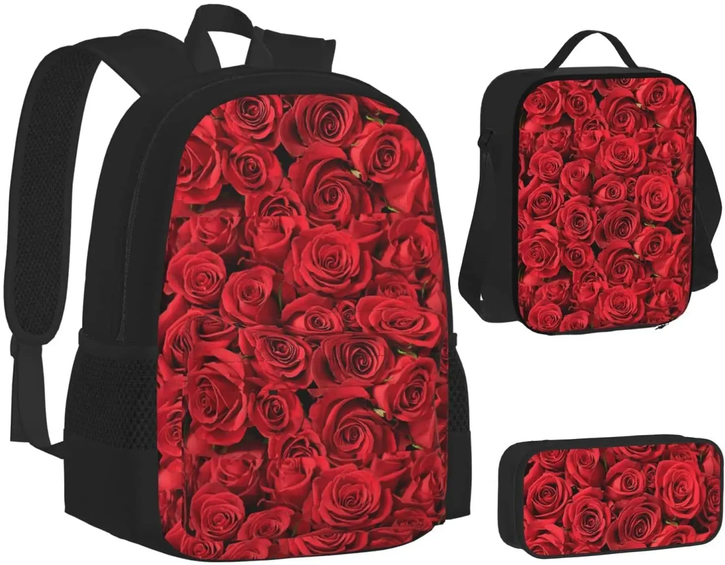 3Pcs Red Rose Backpack Set with Lunch Box Pencil Case, School Book Bag for Preschool Kindergarten Elementary Kids Boys Girl