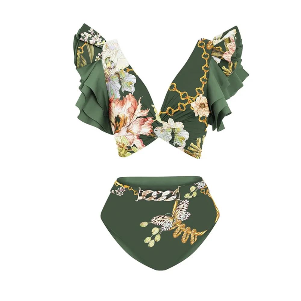 2023 New Ruffled Floral Print Bikini Split-joint Swimsuit Vintage Bathing Suit Women's Swimming Set Summer Beach Wear High Waist