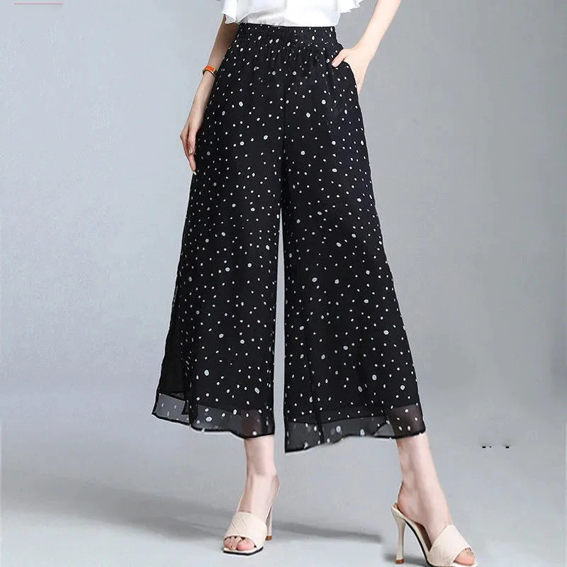 

Summer New Women's Dot Print Chiffon Pants Casual Vintage Elastic Waist Korean Female Cropped Wide Leg Pant Pantalones