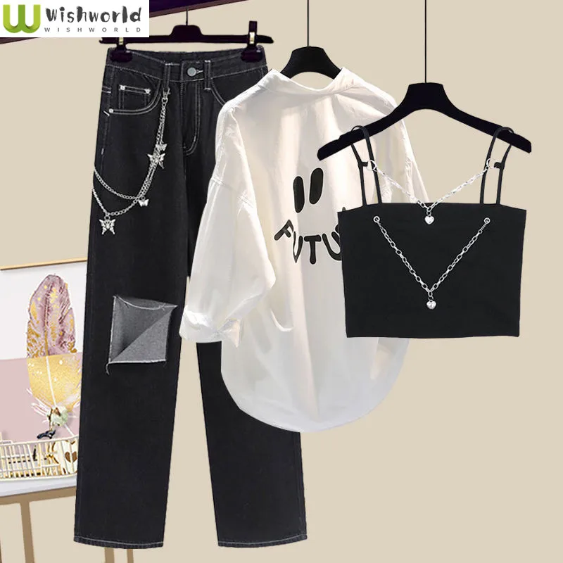 Large Spring and Summer Suit Women's 2022 New Korean Loose Shirt Fashion Suspender Wide Leg Pants Three Piece Set