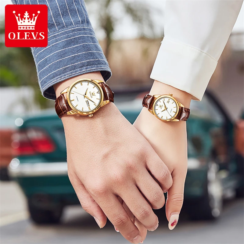 OLEVS Couples Watch Fashion Casual Automatic Mechanical Watches Top Brand Luxury Leather Wristwatches for Men Women Clock