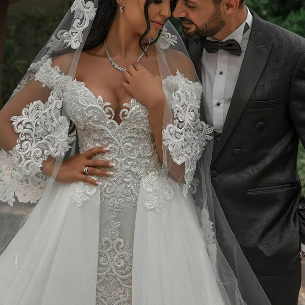 

Top Sale Wedding Dresses Overskirts Train 3D Appliques Lace Arabic Princess Wedding Dress robe de mariée 2022 Bridal Gown