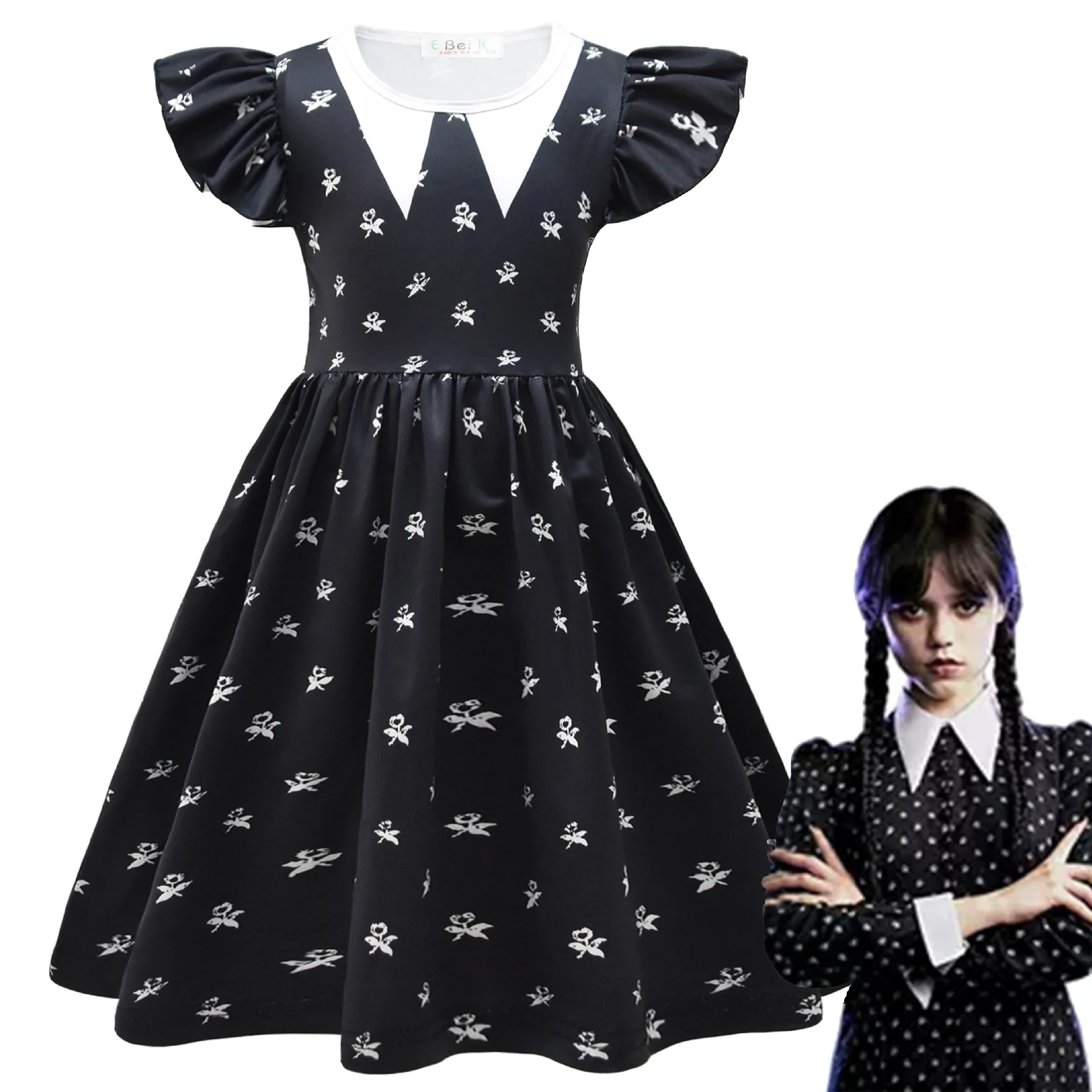 

Wednesday Addams Film Animation Surrounding Girls' Skirt Flying Sleeve Dress 88219 Children's Birthday Gift