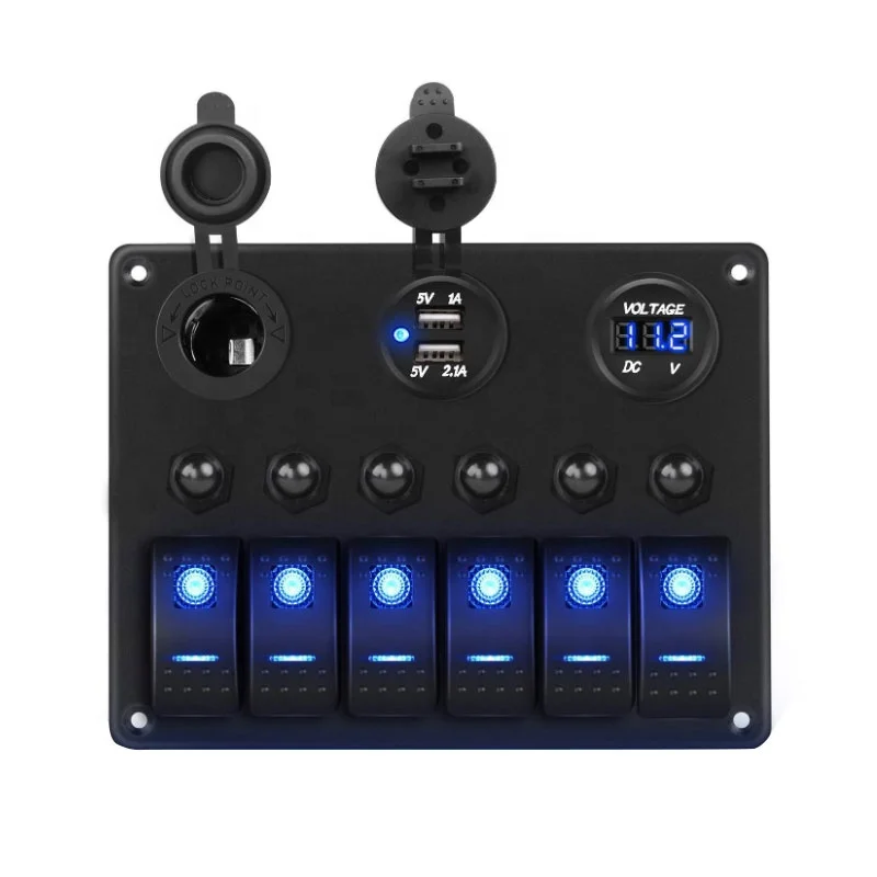 

6 Gang 5 Pin ON/Off Toggle Rocker Switch Panel with 12V-24V LED Digital Voltmeter 3.1A Dual USB Charger Cigarette Lighter Socket