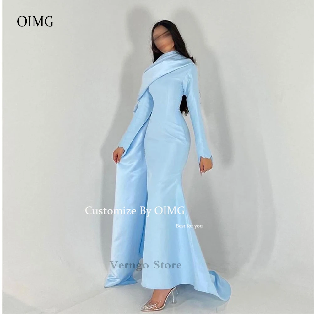 

OIMG Simple Sky Blue Satin Mermaid Evening Dresses Scarf Long Sleeves O-Neck Saudi Arabic Simple Prom Gowns Formal Party Dress