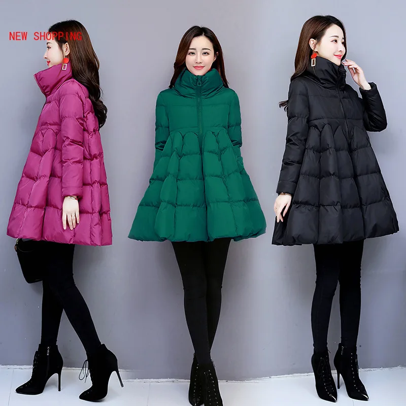 2022 New Winter Women Solid A-Line Coats Warm Thick Cotton Padded Jackets Female Stand Elastic Waist Mid-Long Cloak Parkas A248