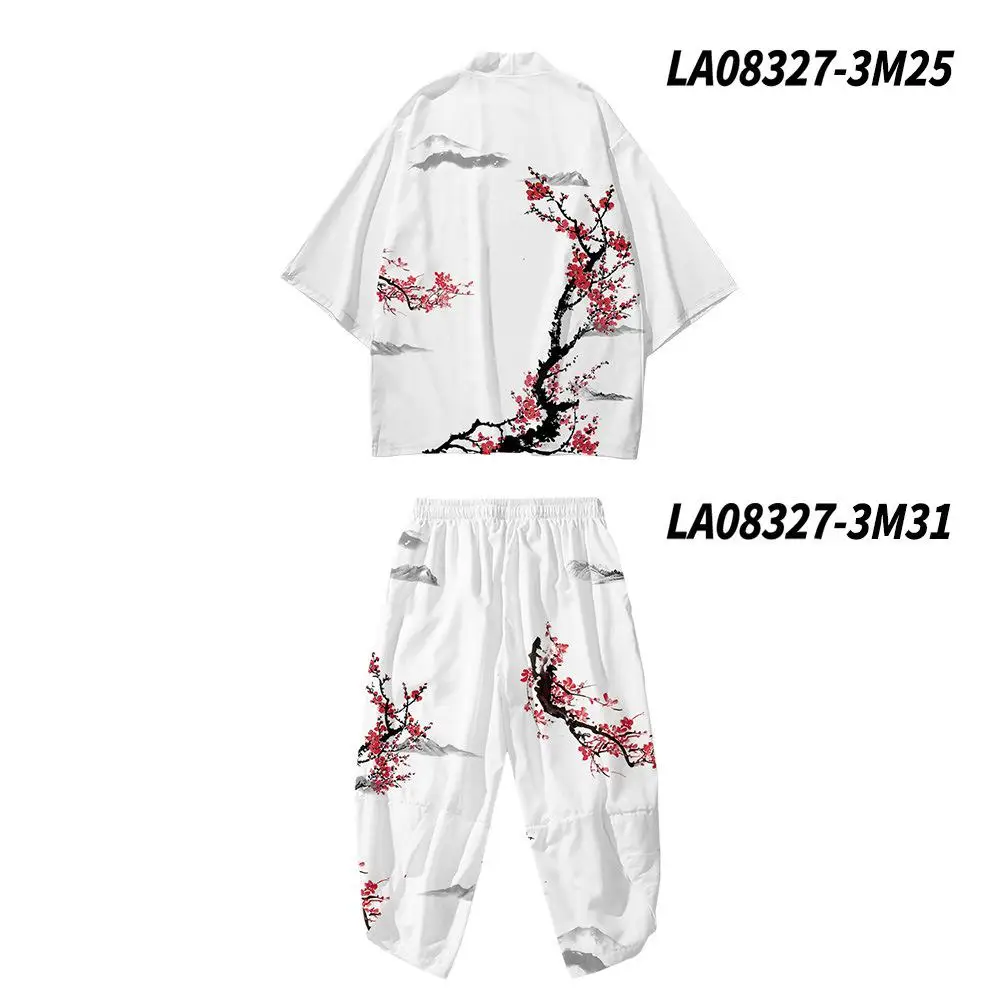 Lounge Print Crane Men Robe Sets Casual Summer 3/4 Sleeve Tao Robe Pant Pajamas Suit Sleepwear Chinese Style Underwear Home Wear