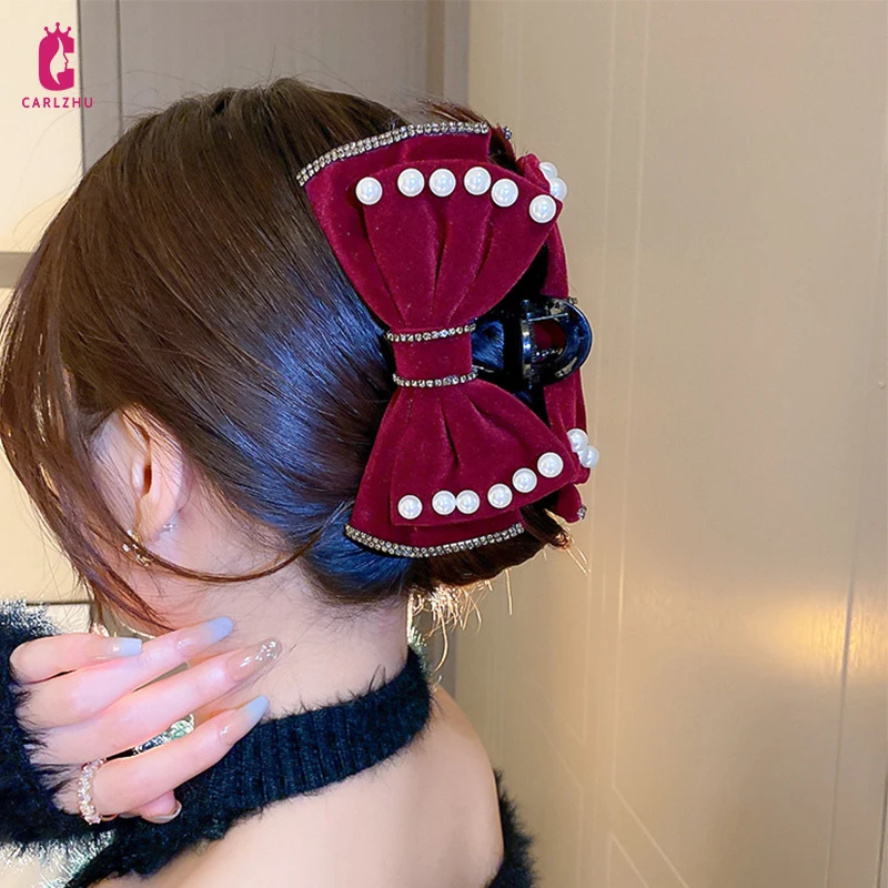 

New Flocking Bow Hair Claws Rhinestone Pearl Hair Pins Barrette Women Hair Accessories Fashion Solid Color Elegant Hair Claw