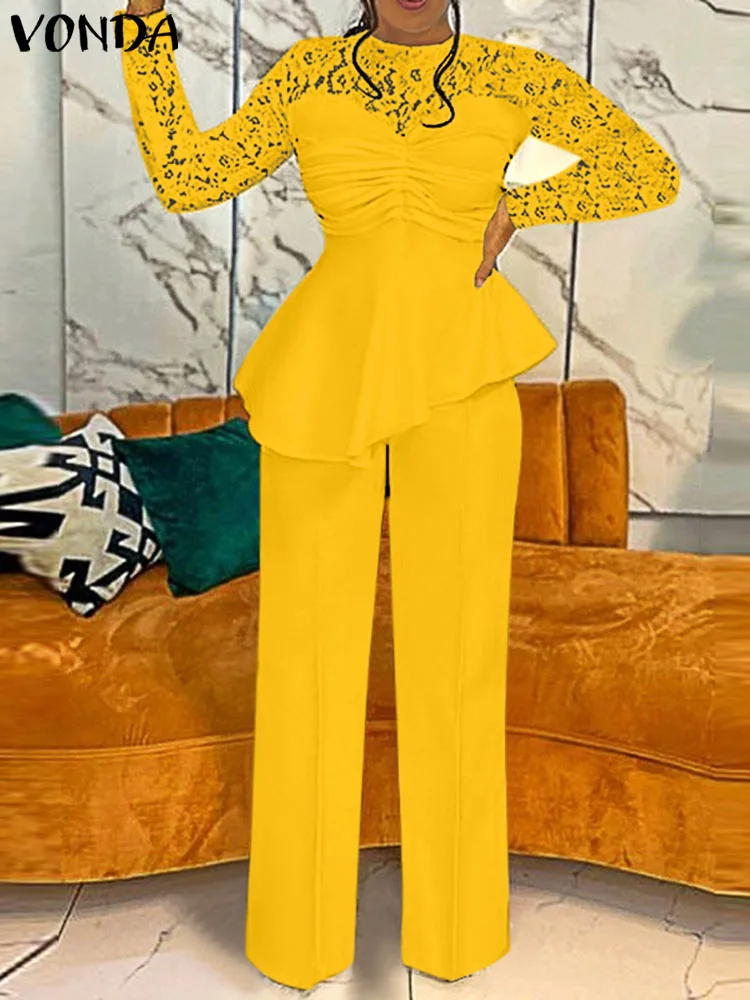 

VONDA Autumn Long Sleeve Tops and Wide Leg Pants Women's Elegant Pant Sets 2022 Lace Patchwork Pleated Party Matching Sets 2PCS
