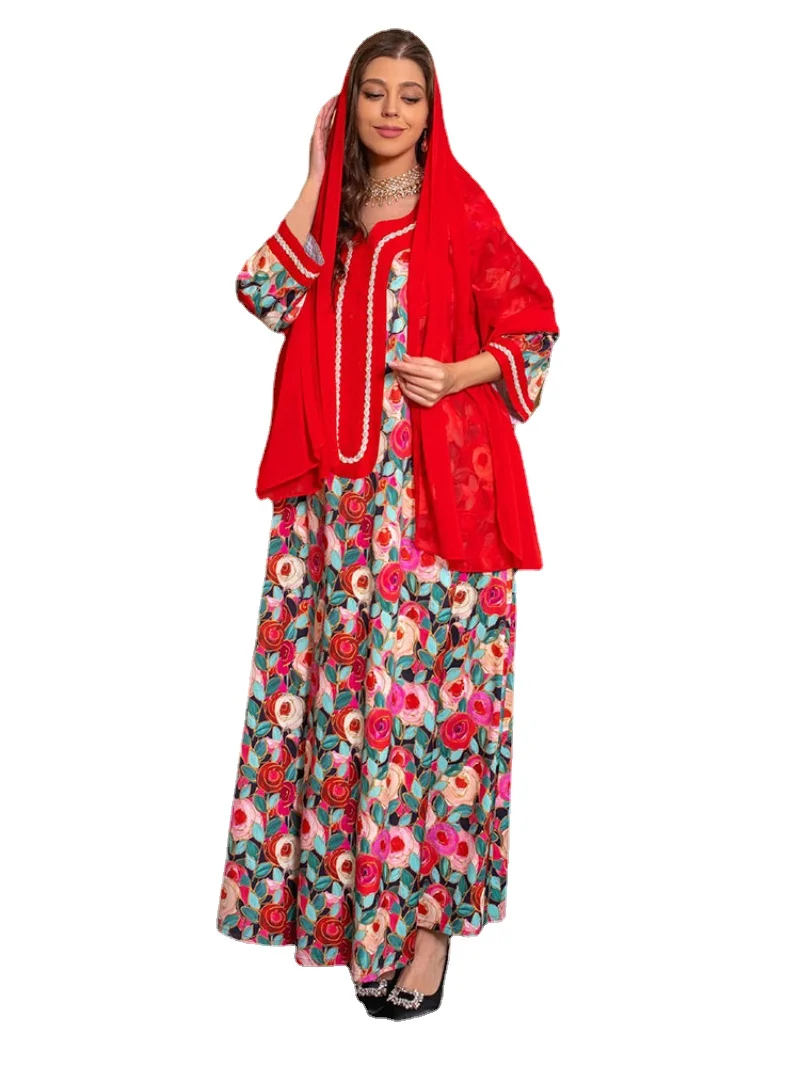 

Floral Jalabiya Moroccan Party Kaftan for Women Ethnic Rose Print Arabic Long Dress Gulf Jalabiyat Muslim Abaya Ramadan Eid