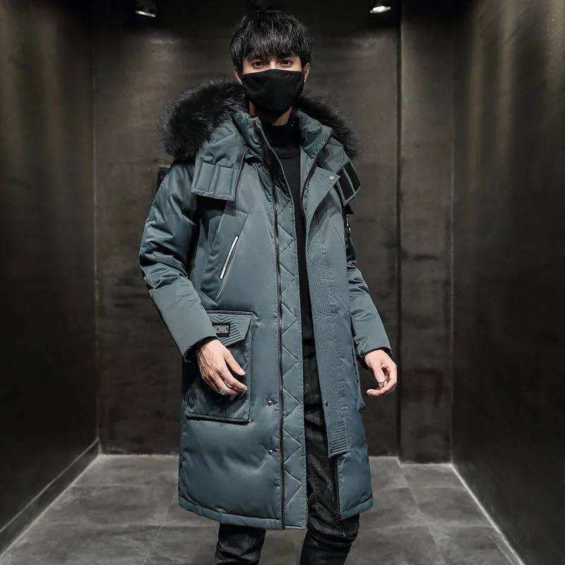 Autumn and winter long simple men's and women's white eiderdown hooded fur collar couple tooling down jacket padded men  parkas